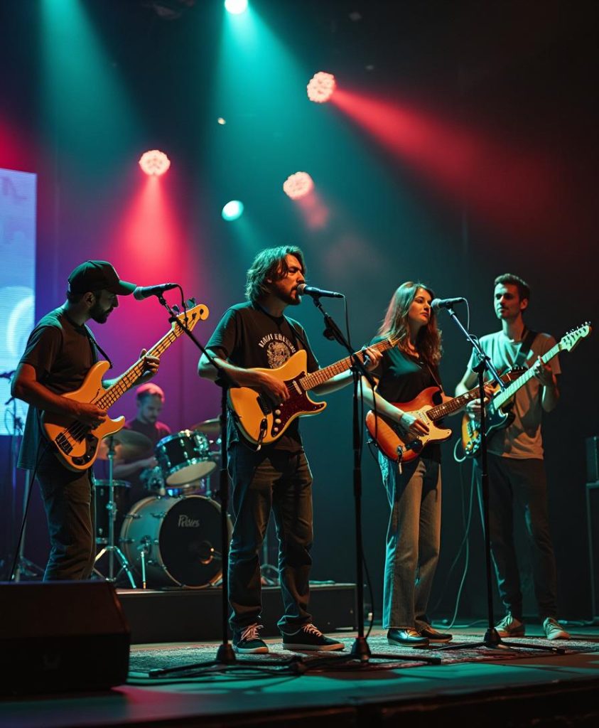 Image of a band singing on a stage.
